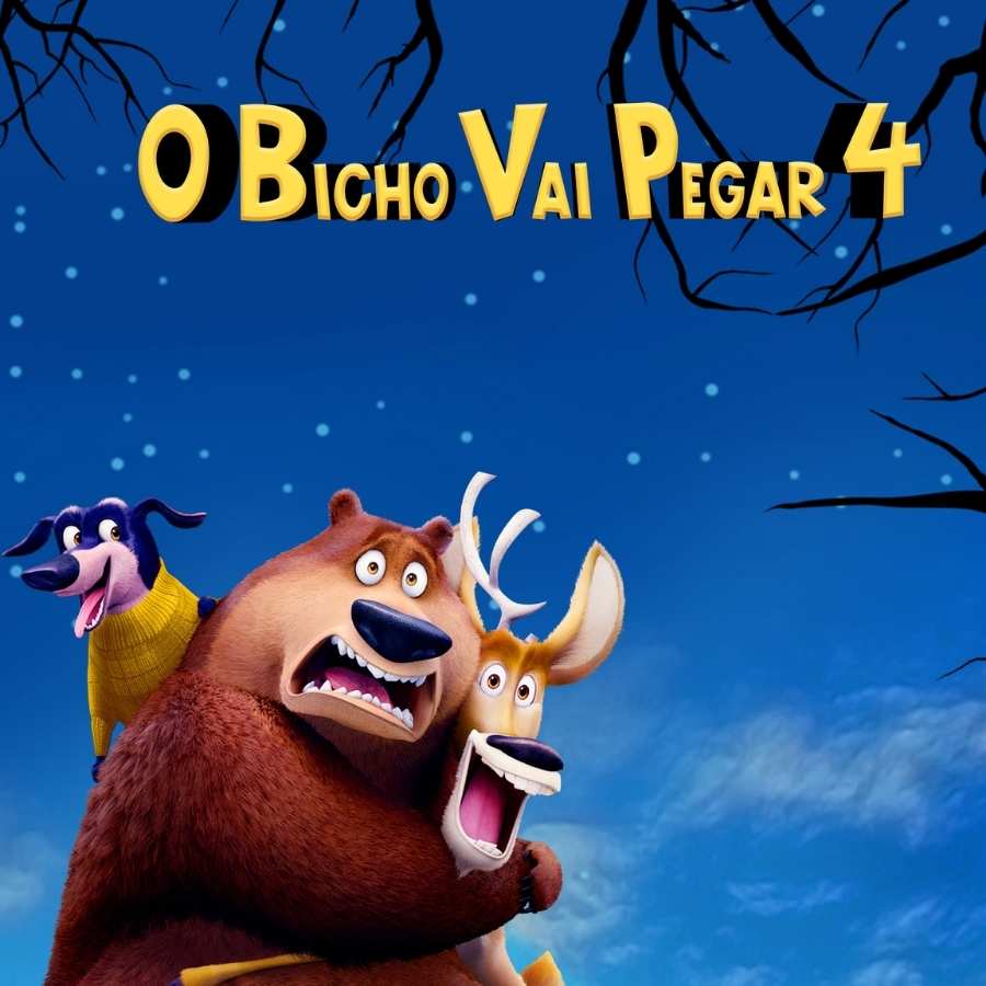 Personagens animados do filme O Bicho Vai Pegar 4 abraçados, em fundo com céu azul estrelado. 
