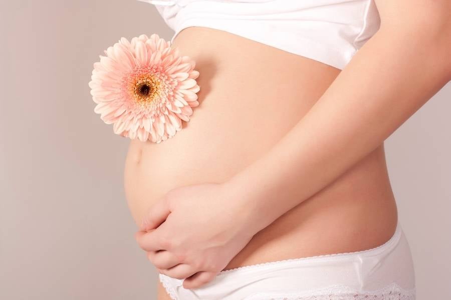 Mulher com gravidez tardia segurando uma flor ao lado da barriga.