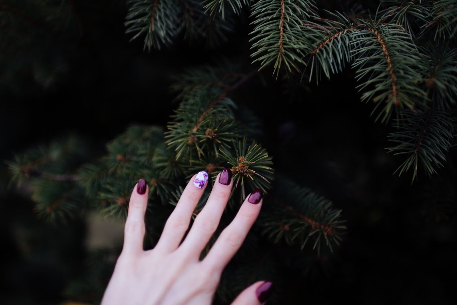 uma mão com unhas pintadas em roxo e a do dedo anelar pintada de branco com o desenho de flores lilás