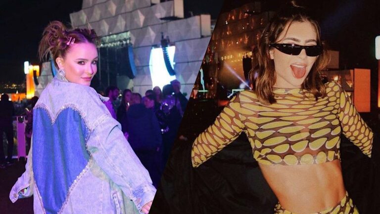 Larissa Manoela sozinha em uma foto no camarote do Rock in Rio e Jade Picon com Leo Picon no mesmo local, em outro momento.
