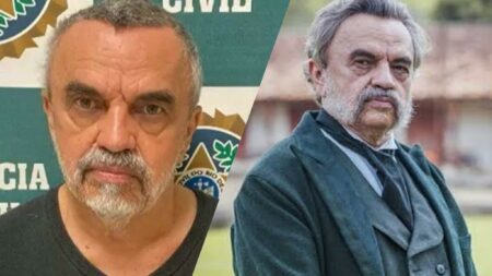 José Dumont na cadeia e em cena da novela.