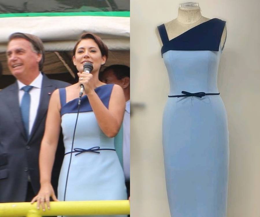Foto de Michelle Bolsonaro e Bolsonaro no 7 de setembro. Ela usa vestido azul claro e escuro.
