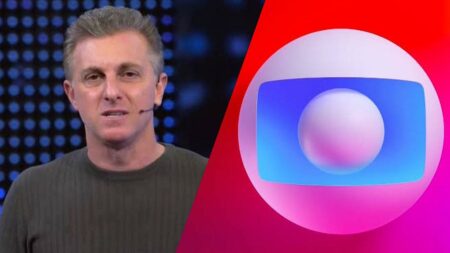 Luciano Huck no programa e o logo da Globo.