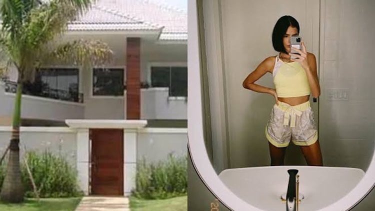 Faixada da casa de Bruna Marquezine e a atriz no banheiro de sua casa.