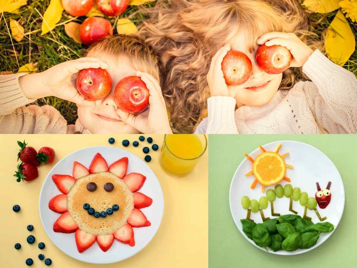 3 fotos, uma de duas crianças deitadas em gramado segurando duas maças nos olhos. As outras duas são pratos divertidos feitos com alimentos saudáveis, como uva, morango e laranja.
