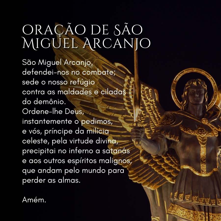 Estátua de São Miguel Arcanjo com oração.