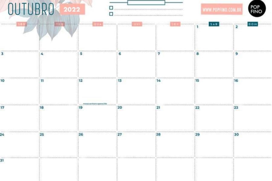 Calendário de outubro de 2022 nas cores azul marinho e rosa do site Pop Fino