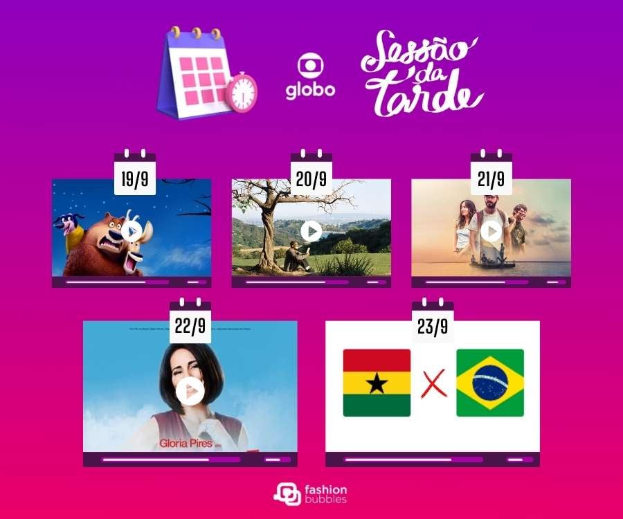 Montagem com os filmes desta semana da Sessão da Tarde. A imagem roxa e rosa tem a logo da Sessão da Tarde, da Globo, e fotos dos filmes do dia 19 a 23 de setembro.