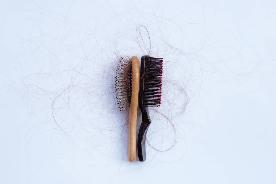 Duas escovas de cabelo cheias de fios.