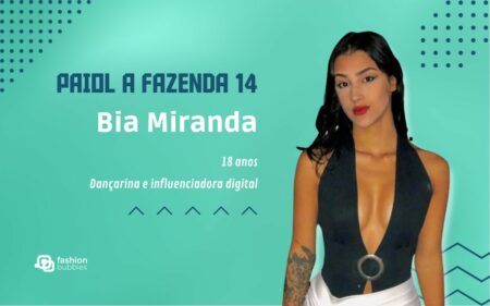 fundo azul com nome, idade, profissão e foto de Bia Miranda, participante do Paiol de A Fazenda 2022