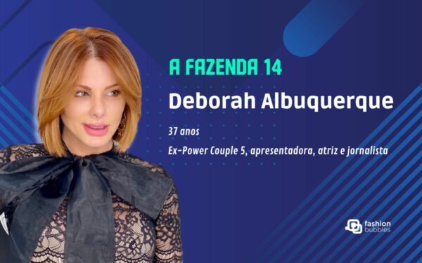 Blue background with name, age, profession and photo of Deborah Albuquerque, A Fazenda 2022.  participants of