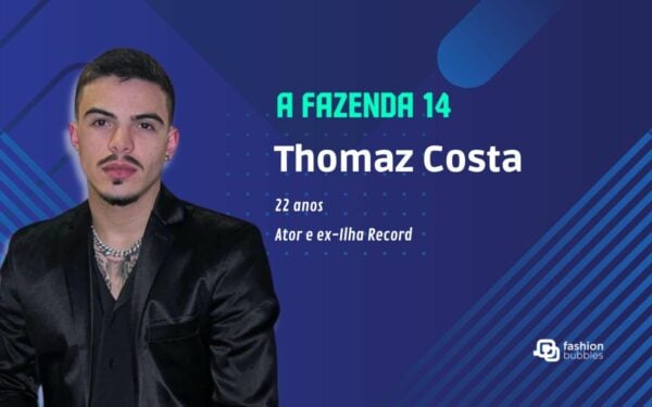 A Fazenda 2022 .  Blue background with name, age, profession and photo of participant Thomas Costa
