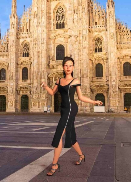 Foto de Satiko com vestido em Milão 2022.