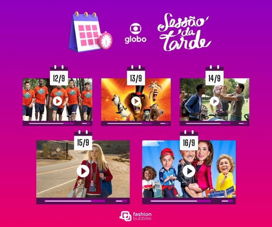 Montagem com os filmes desta semana da Sessão da Tarde. A imagem roxa e rosa tem a logo da Sessão da Tarde, da Globo, e fotos dos filmes do dia 12 a 16 de setembro.