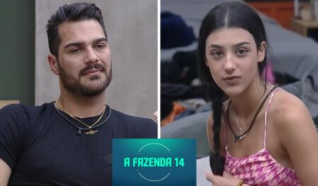 Montagem com fotos de Shayan Haghbin e Bia Miranda em A Fazenda 2022