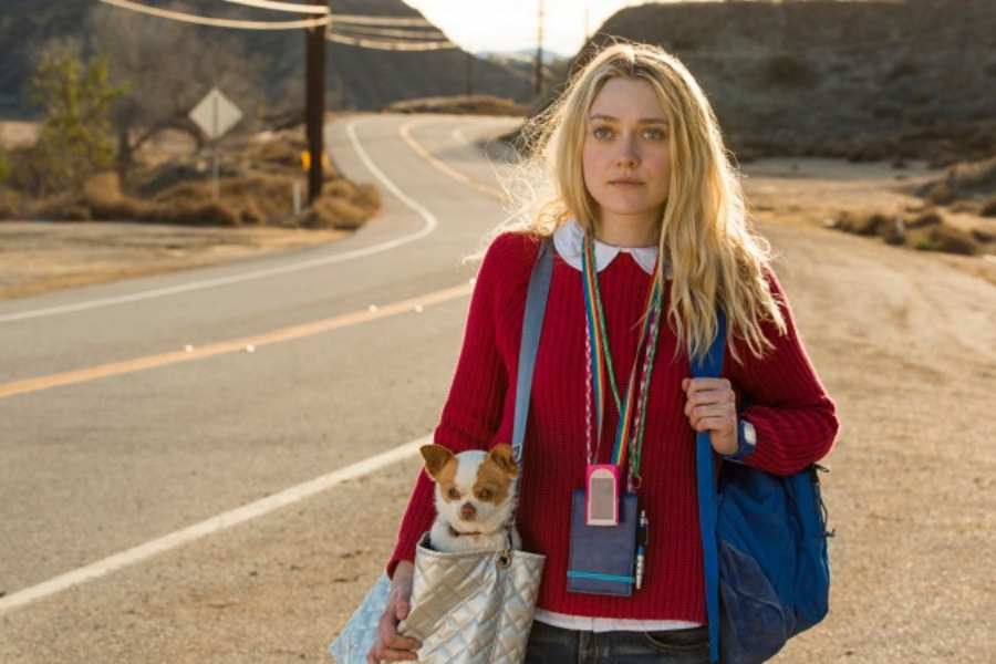 Foto de atriz do filme "Tudo que Quero" em estrada, com bolsas e cachorrinho dentro de uma delas.