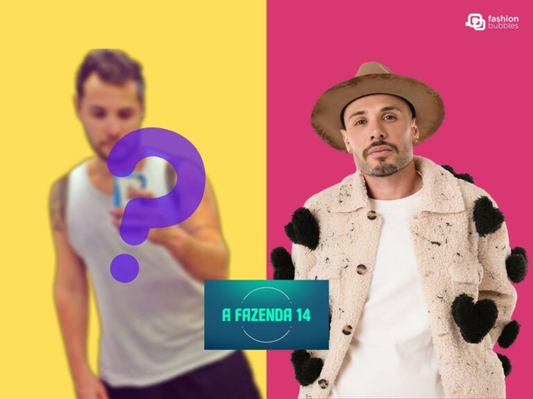 Imagem em fundo amarelo e pink. No lado direito, Alex Gallete hoje, usando jaqueta com pompons de coração e chapéu. No lado esquerdo, Alex Gallete em 2015, foto desfocada, com sinal de interrogação roxo por cima. No centro na parte inferior, logo do A Fazenda 14: cores predominantes verde-água e azul. No canto superior direito, logo branca do Fashion Bubbles.
