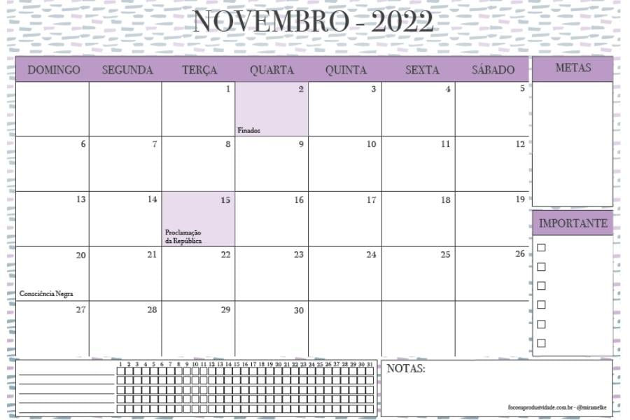 calendário de novembro de 2022 para imprimir do site Foco na Produtividade