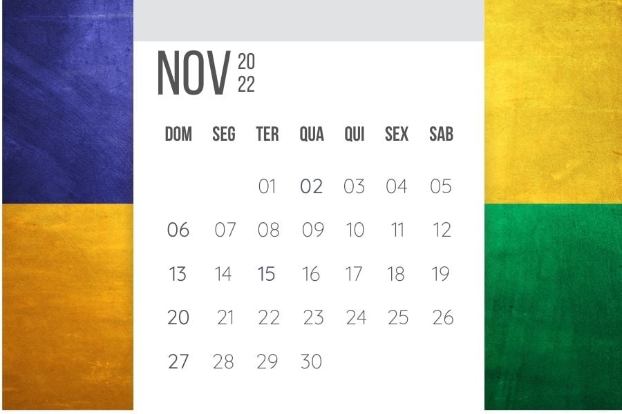 calendário de novembro de 2022 para imprimir com fundo verde, amarelo e azul
