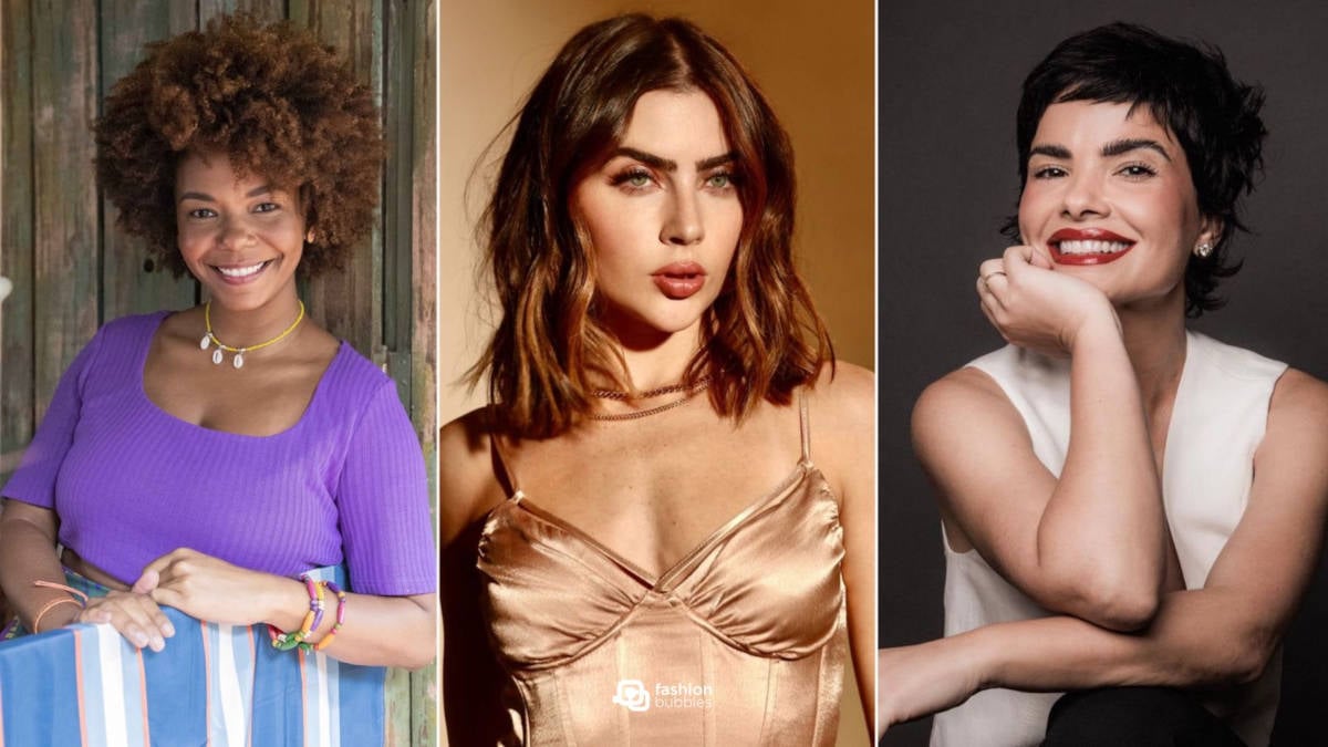 Três fotos de atrizes de travessia: Camila Rocha, Jade Picon e Vanessa Giácomo, todas com cabelo curto