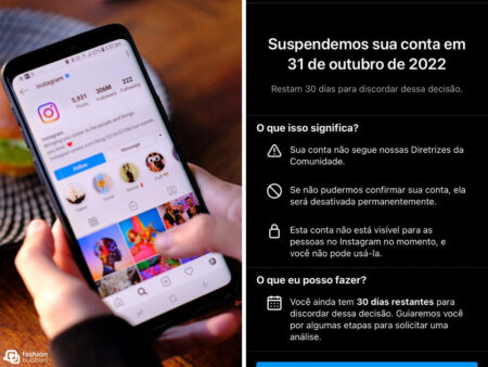 Duas fotos: Foto de pessoa entrando no Instagram e print da página de suspenso do Instagram