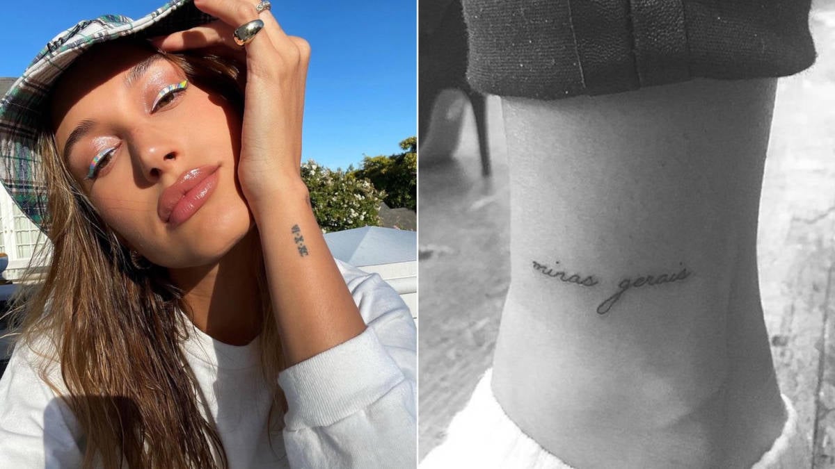 Foto de Hailey Bieber com tatuagem no pulso e foto da tatuagem de Hailey em homenagem ao Brasil