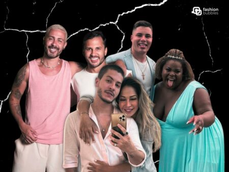 Imagem em fundo preto com trincados brancos. No centro, foto dos casais que anunciaram separação: Carlinhos Maia e Lucas Guimarães, Arthur Aguiar e Maíra Cardi, Lucas Souza e Jojo Todynho. No canto superior direito, logo branca do Fashion Bubbles.