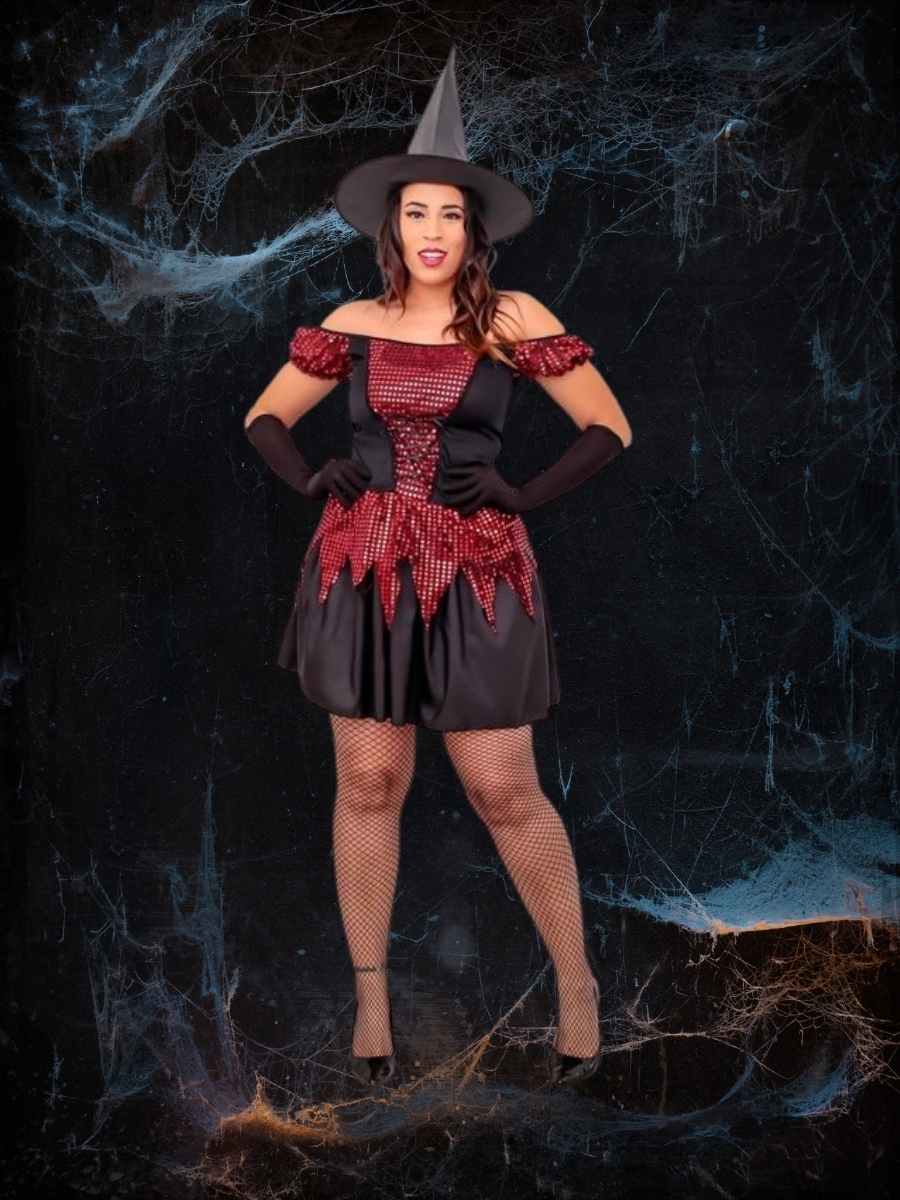 Mulher com Fantasia Halloween Vestido De Bruxa Adulto Feiticeira Brilho.