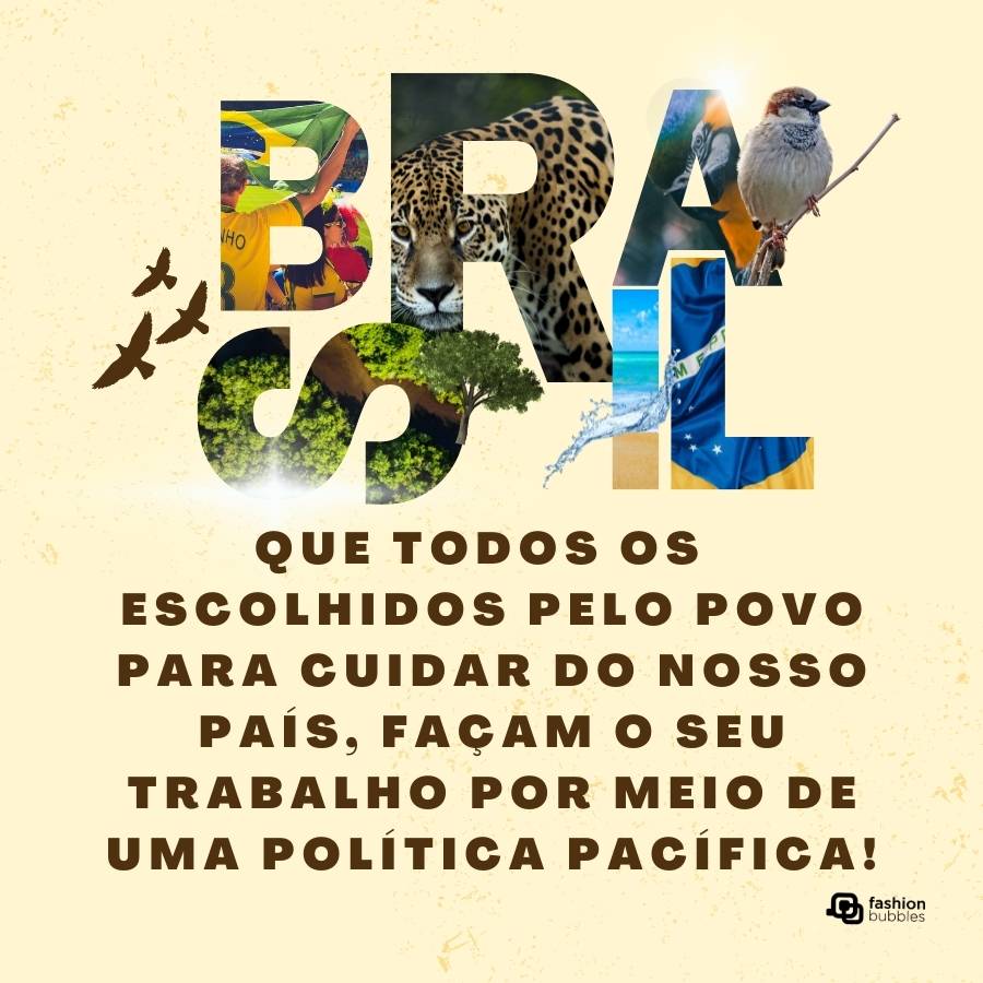 Frase escrita em fundo amarelo com imagens das riquezas do Brasil, como animais e natureza.