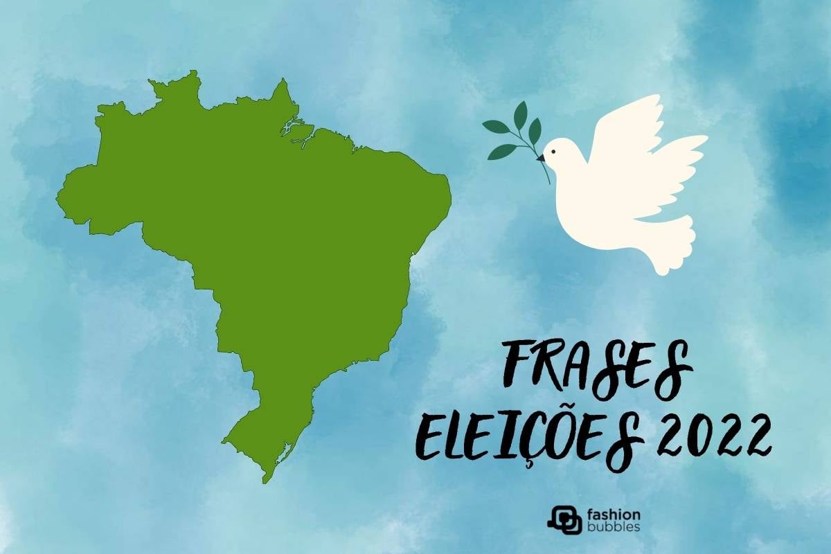 fundo azul com mapa do Brasil, pomba branca e frases eleições 2022 escrito