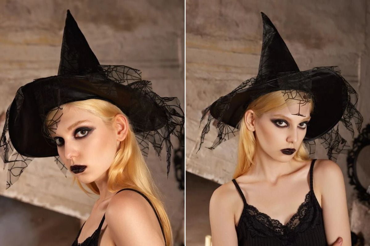mulher com blusa preta, chapéu preto de bruxa e maquiagem preta