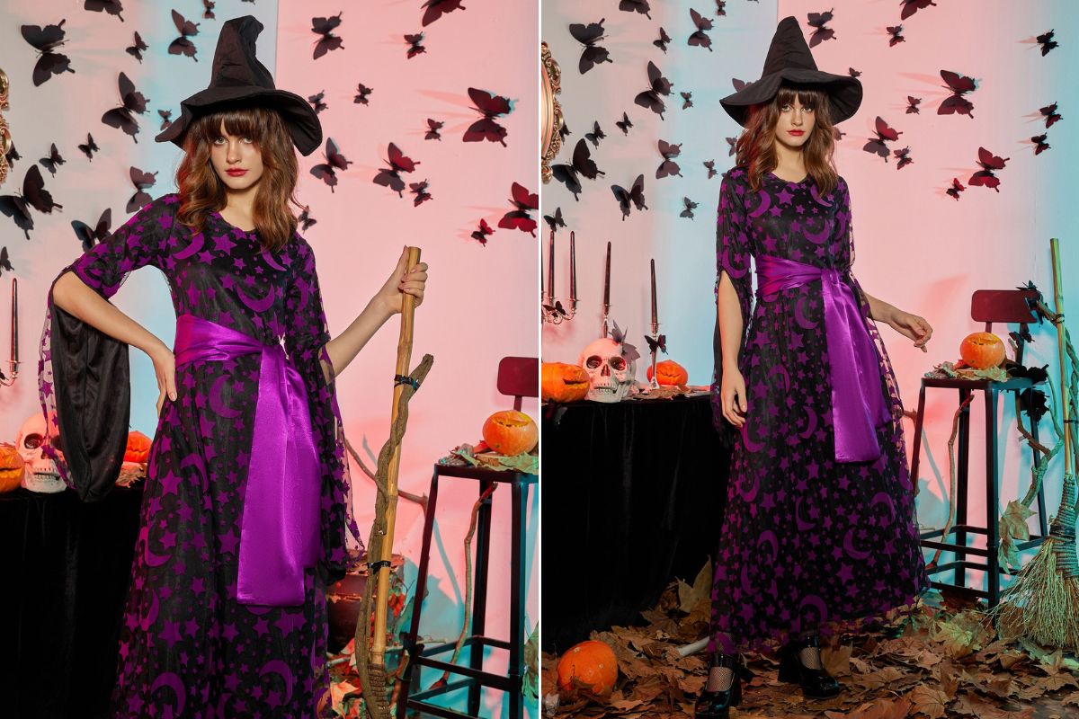 mulher fantasia de bruxa, com chapéu preto pontudo, vestido preto e uma faixa roxa na cintura. Ela também segura uma vassoura