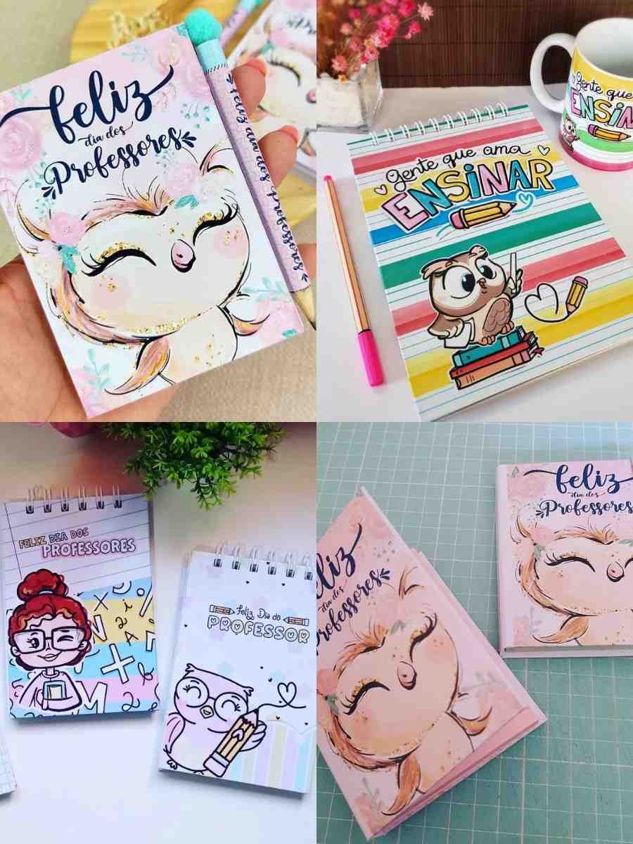 4 imagens em 1 montagem: todas têm 1 caderno com capa personalizada de Dia dos Professores. Desenho de corujas e bonecas