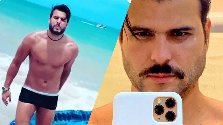 Marcelo Bimbi na praia e olhando para o espelho.