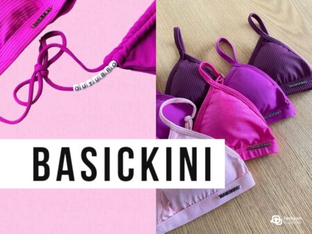 Montagem com duas fotos. Lado esquerdo, fundo rosa com biquíni pink personalizado com miçangas escrito "outubro". Lado direito, tops rosa e roxo sobre superfície de madeira. No canto inferior direito, escrito "Basickini" em preto com fundo branco.