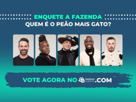Foto com fundo azul e verde, escrito "Enquete A Fazenda: quem é o peão mais gato? vote agora no Fashion Bubbles". Com fotos dos peões Lucas Santos, André Marinho, Iran Malfitano, Alex Gallete e Pelé Milflows.