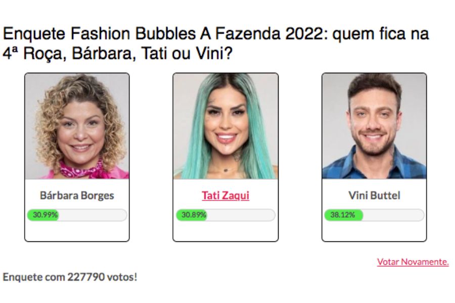 Enquete A Fazenda 2022 do Fashion Bubbles mostra a eliminação de Bárbara nessa Roça