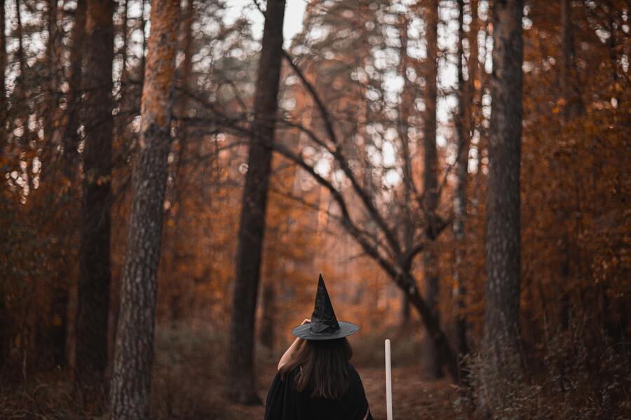 mulher com chapéu de bruxa em uma floresta