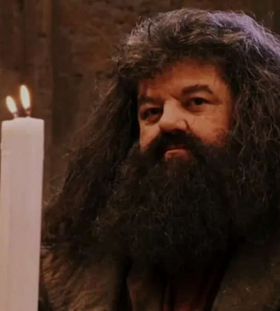 Imagem com fundo de parede antiga. No canto esquerdo, rosto do ator interpretando Hagrid em Harry Potter. Do outro lado, velas acesas.