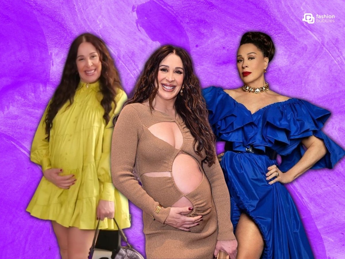 Imagem em fundo roxo. No centro, 3 fotos de Claudia Raia grávida. No canto superior direito, logo branca do Fashion Bubbles.