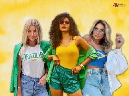 Imagem com fundo amarelo e branco mesclado. No centro, 3 mulheres com roupas verde e amarelo, da tendência Brazilcore. No canto superior direito, logo cinza e rosa do Fashion Bubbles.