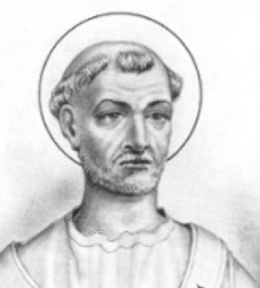 Imagem em preto e branco, com representação artística do rosto de São Marcelo, comemorado pela Igreja Católica dia 30 de outubro. 