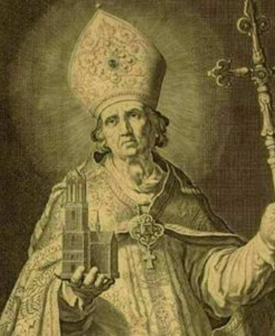 Imagem em preto e amarelo representando de São Vilibrordo. O bispo usa roupa de biscpo e segura igreja nas mãos.