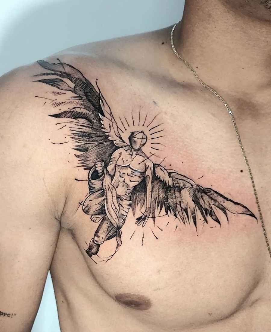 Foto de tatuagem de anjo realista de uma pessoa.