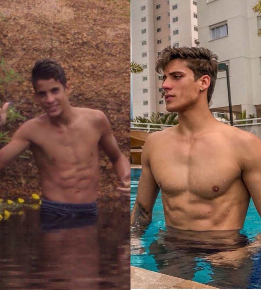 Duas imagens em 1: do lado direito, Tiago Ramos em 2019, sem camisa, em área de piscina de prédio. No lado esquerdo, Tiago Ramos em 2009, sem camisa em rio, com barranco atrás.