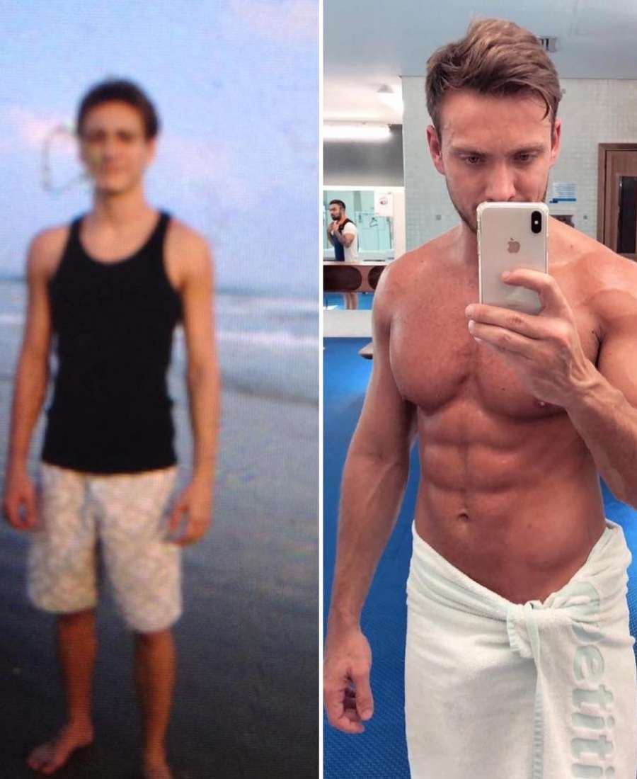 Imagem com antes e depois de Vini Buttel. Ele aos 21 anos em praia e ele em 2018, em academia, sem camiseta, com toalha amarrada na cintura em foto no espelho.