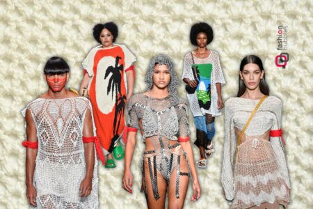 montagem com 5 looks do desfile do Projeto Ponto Firme no SPFW N 54