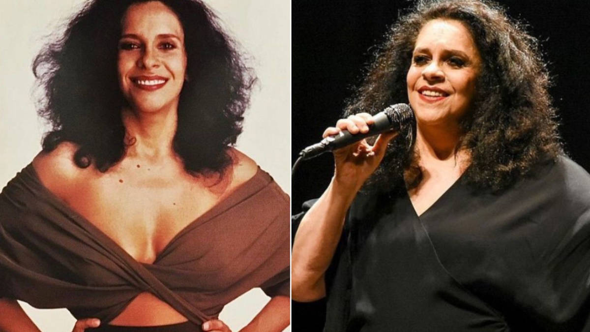 Montagem com duas fotos de Gal Costa, uma jovem e uma recente