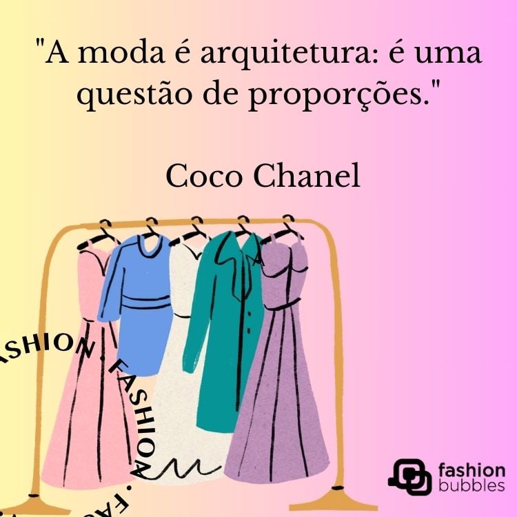 uma ilustração de uma arara de roupas com uma frase de coco chanel sobre moda