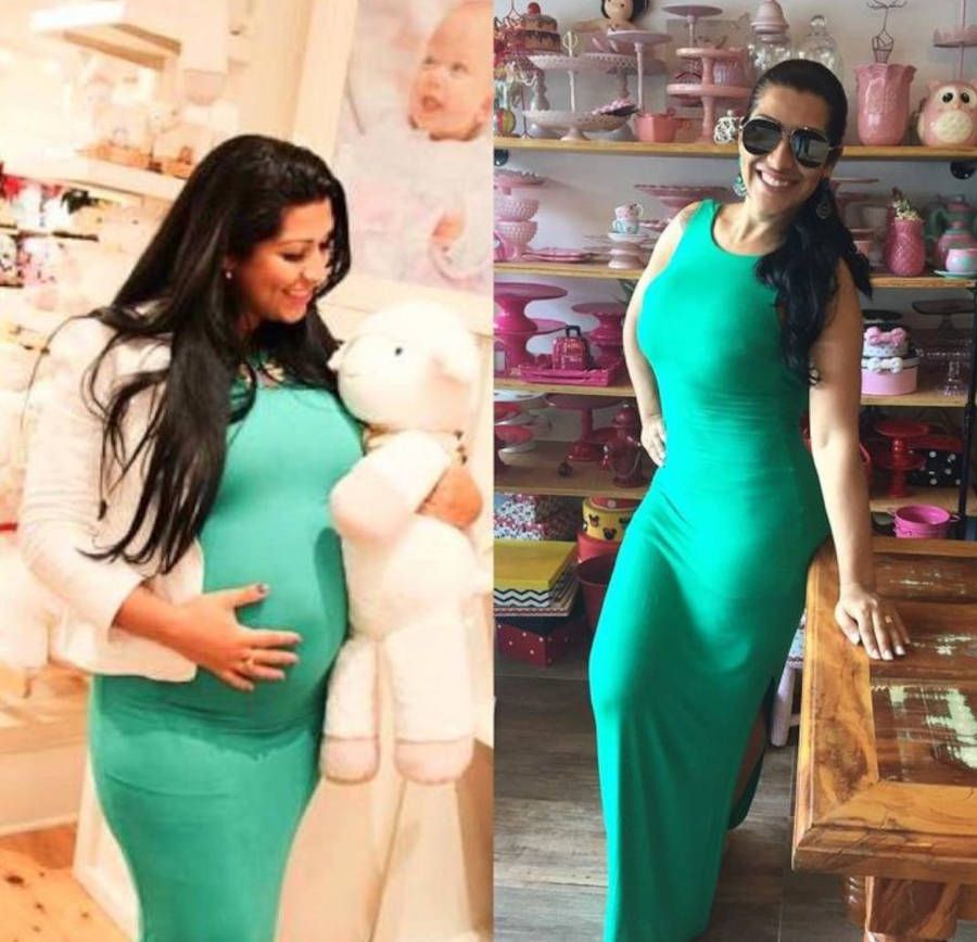 Duas fotos de Ellen Cardoso: uma durante a gravidez e uma depois com o mesmo vestido verde